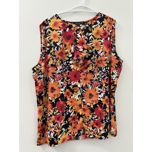 Jones New York Sleeveless shirt blouse 16 Size Floral Print Top Ruffle neck Mult - Picture 1 of 8
